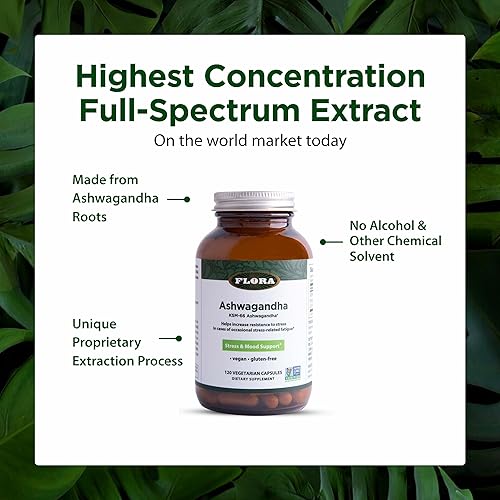 Miniatura 4 de Flora Ashwagandha - KSM-66 - Suplemento herbario de apoyo al estrés - Ayuda a un mejor sueño y rendimiento atlético - Vegano, sin OMG y sin gluten -