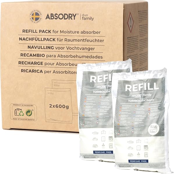 AbsoDry - Recharge déshumidificateur d'air Anti moisissure 2×600 g - Compatibilité Universelle - Empêche Les odeurs & retient l'humidité - Recharge absorbeur d'humidité - 1