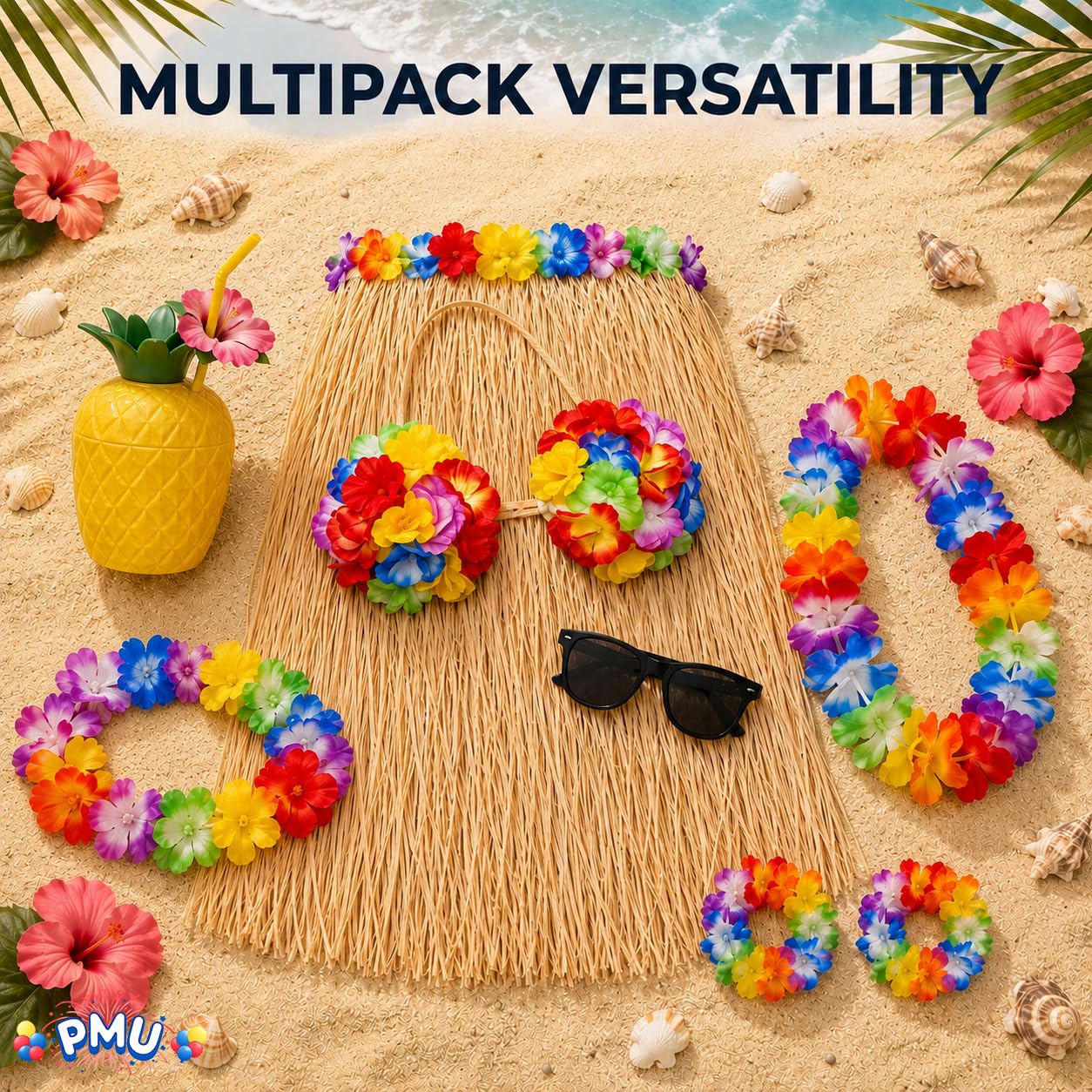 PMU 8-teiliges Hawaii-Kostüm-Set mit Kokosnuss-Bikinioberteil, Grasrock, Lei und tropischem Hula-Party-Zubehör