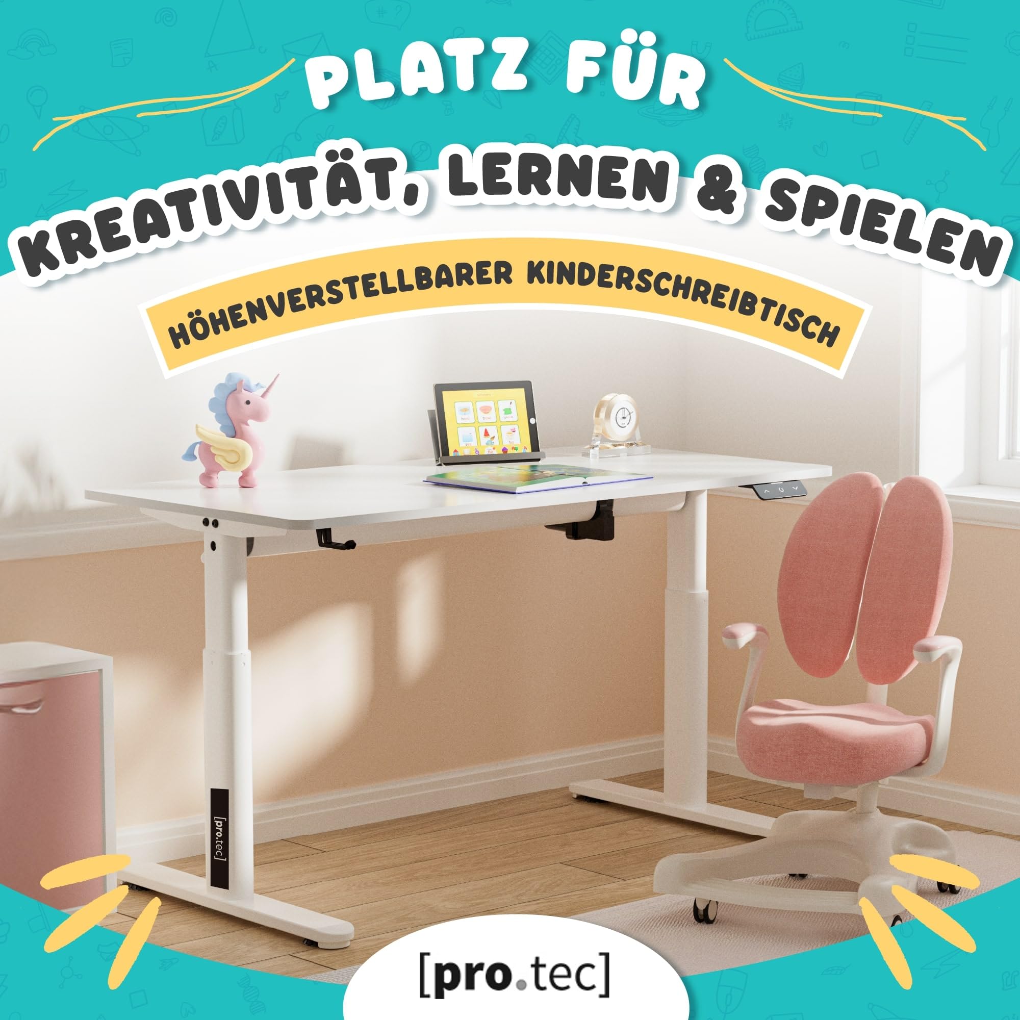 pro.tec Höhenverstellbarer Kinderschreibtisch Ringe 120 x 60 cm Computertisch für Kinder Weiß Schülerschreibtisch