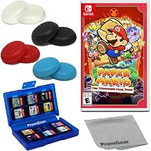 Paper Mario: The Thousand-Year Door for Nintendo Switch (US Version), with PremGear Thumb Grips (8 pack - Black, Blue, Red & Clear), 24 Slot Game Card Holder & Cleaning Cloth