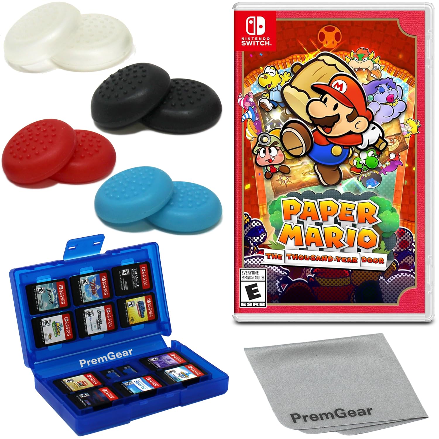 Paper Mario: The Thousand-Year Door for Nintendo Switch (US Version), with PremGear Thumb Grips (8 pack - Black, Blue, Red & Clear), 24 Slot Game Card Holder & Cleaning Cloth