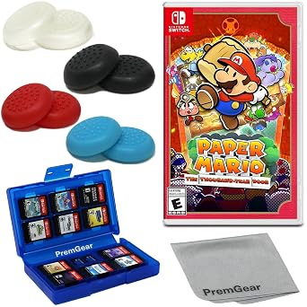 Paper Mario The Thousand-Year Door for Nintendo Switch US Version, with PremGear Thumb Grips 8 pack - Black, Blue, Red & Clear, 24 Slot Game Card Holder & Cleaning Cloth