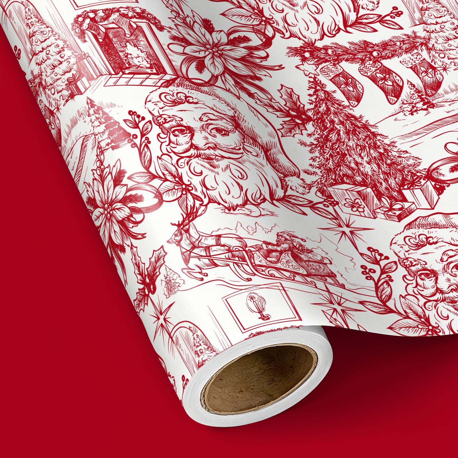RUSPEPA Reversible Toile Christmas Wrapping Paper Mini Roll, Red & White Vintage Santa Toile with Solid Red, Double-Sided Gift Wrap, 43.2cm x 5m