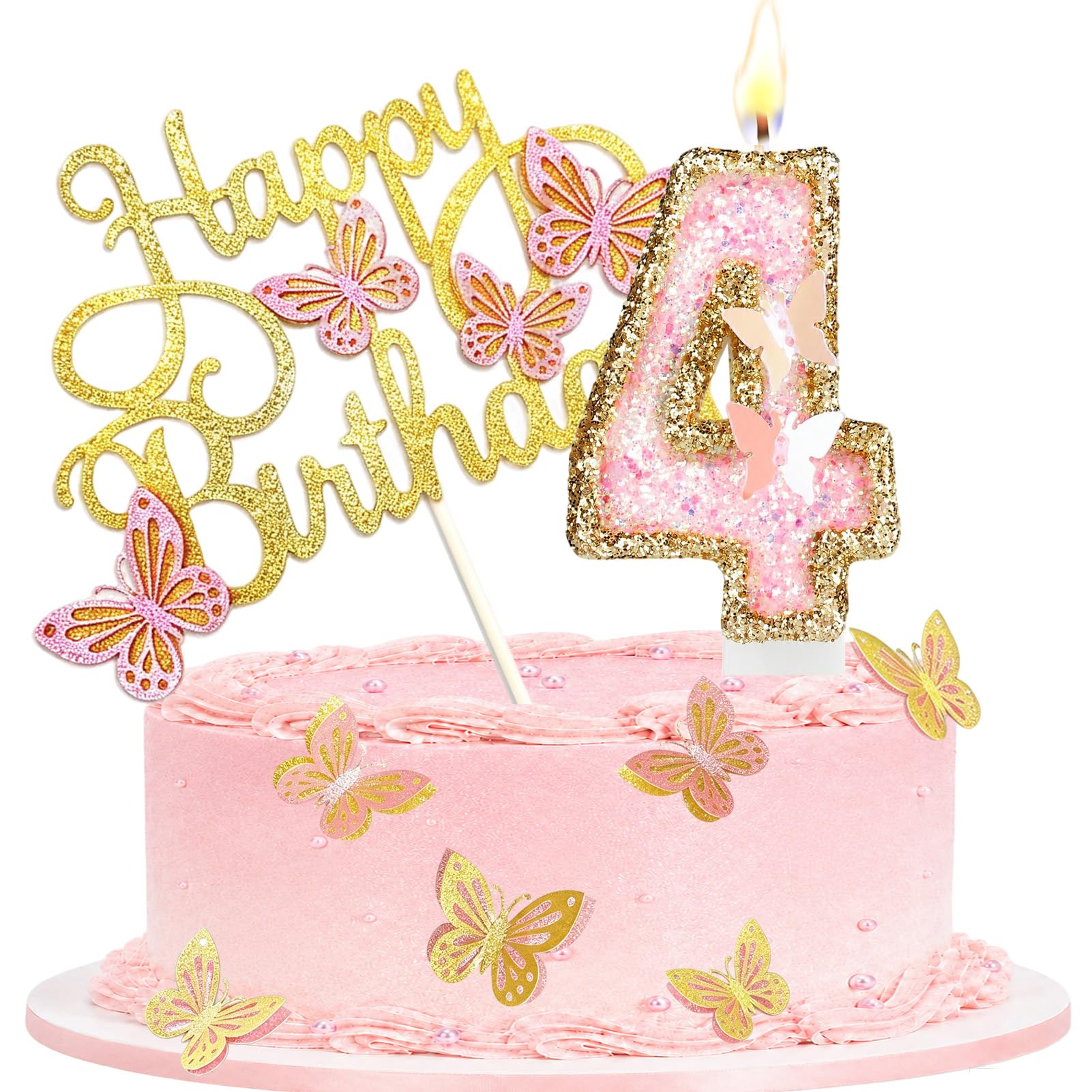 Number Birthday Candles with Pink Gold Butterfly Cake Toppers, Glitter Happy Birthday Cake Decorations, Birthday Candles Gifts for Women Girls Birthday Party (Number 4) โ image 1