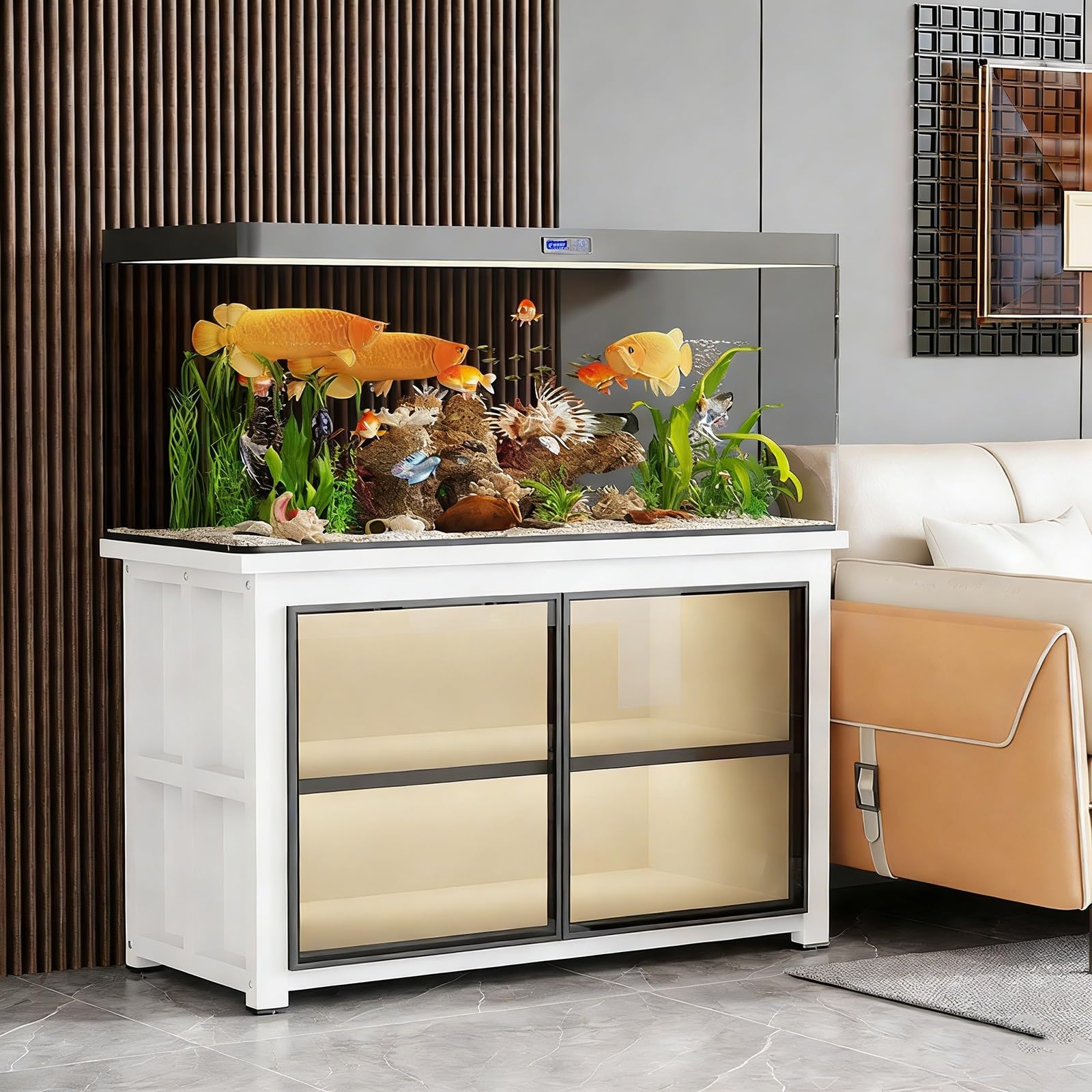 Supporto per acquario moderno resistente con illuminazione a LED e contenitore, armadietto nero e bianco per acquari grandi e piccoli, capacità 226,8 kg (99,1 x 45,7 x 71,1 cm)