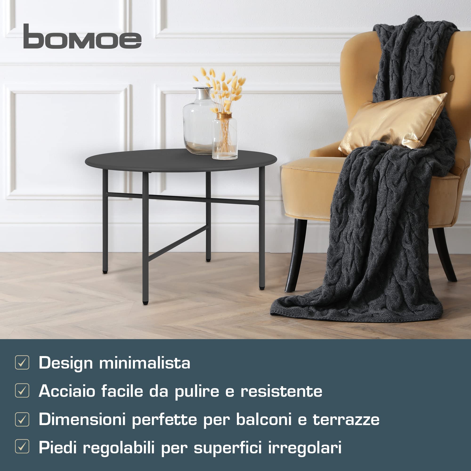 bomoe Set di 2 Tavolino rotondo in metallo nero resistente ai graffi - Altezza e diametro inferiori - Tavoli da salotto stabili Tavolo da giardino per interni e per esterni - Finn