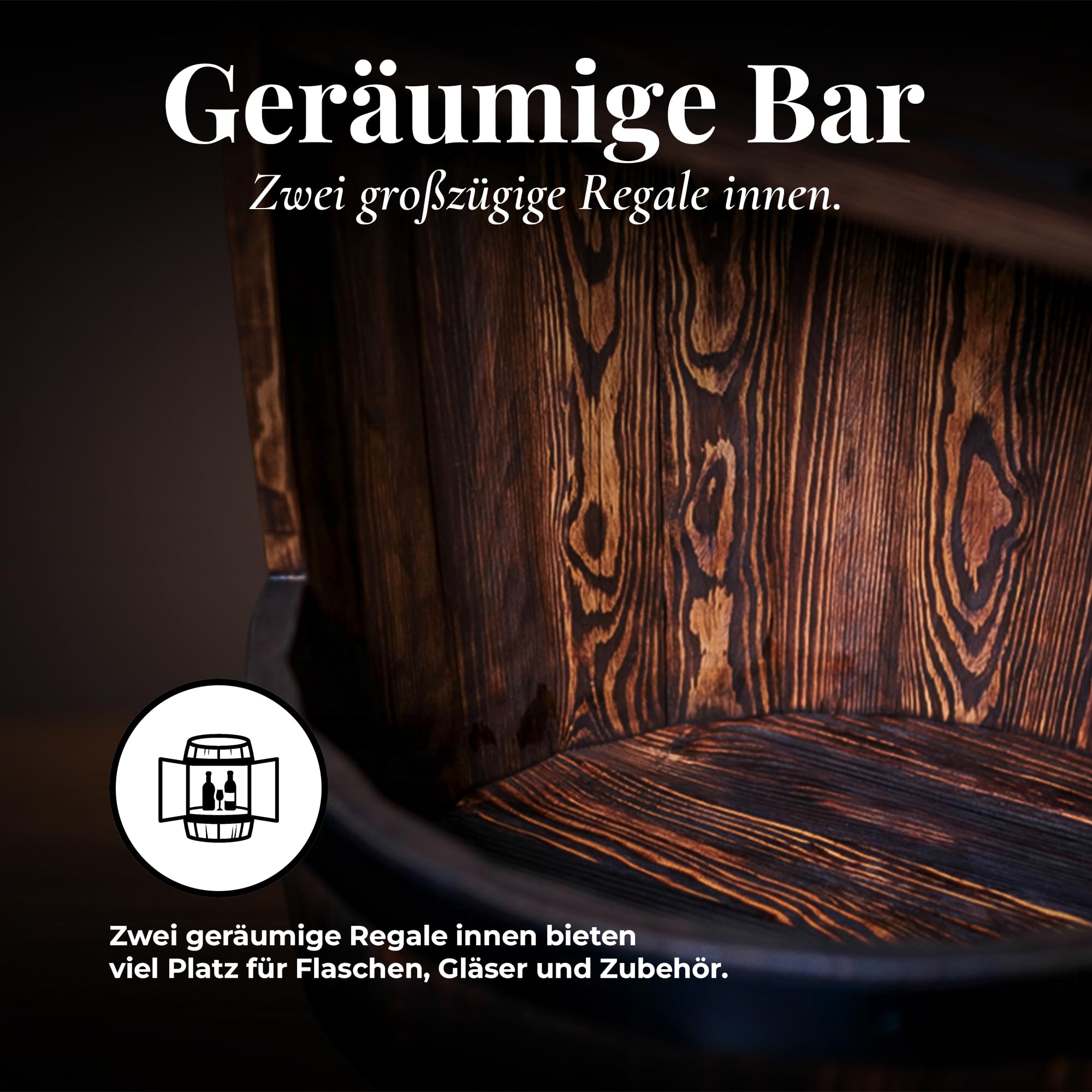 Holzbar Fass 80x55 cm | Massivholz Barschrank für Whisky, Wein und Spirituosen | Hausbar mit Glashaltern | Handgefertigt in Europa | Bar Möbel im Vintage, Loft und Landhausstil