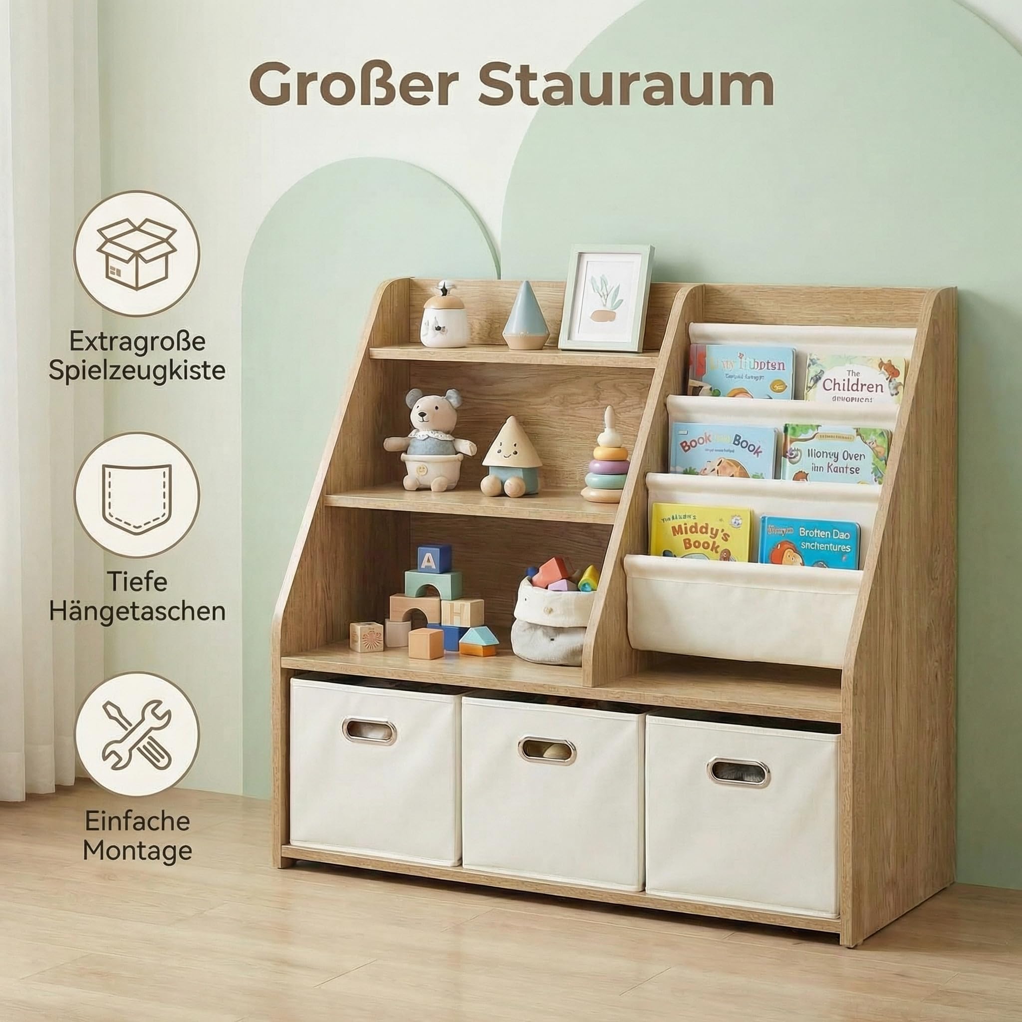 Bibliothèque pour Enfants avec Rangement - Étagère à Jouets Montessori à 4 Niveaux en Bois avec 3 tiroirs et 4 boîtes en Tissu - Organisateur pour Chambre d'enfant et Salle de Jeux