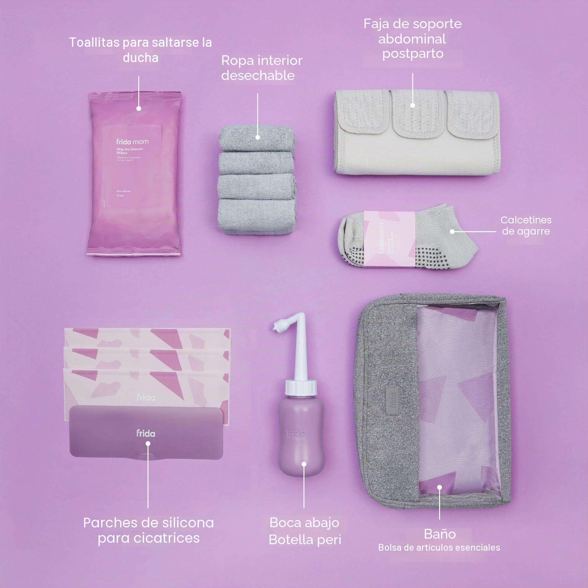 Frida Mom Kit imprescindible de recuperación de cesárea para el parto, parto y posparto: calcetines, botella Peri, bragas desechables, carpeta de soporte abdominal, toallitas de ducha, parches de