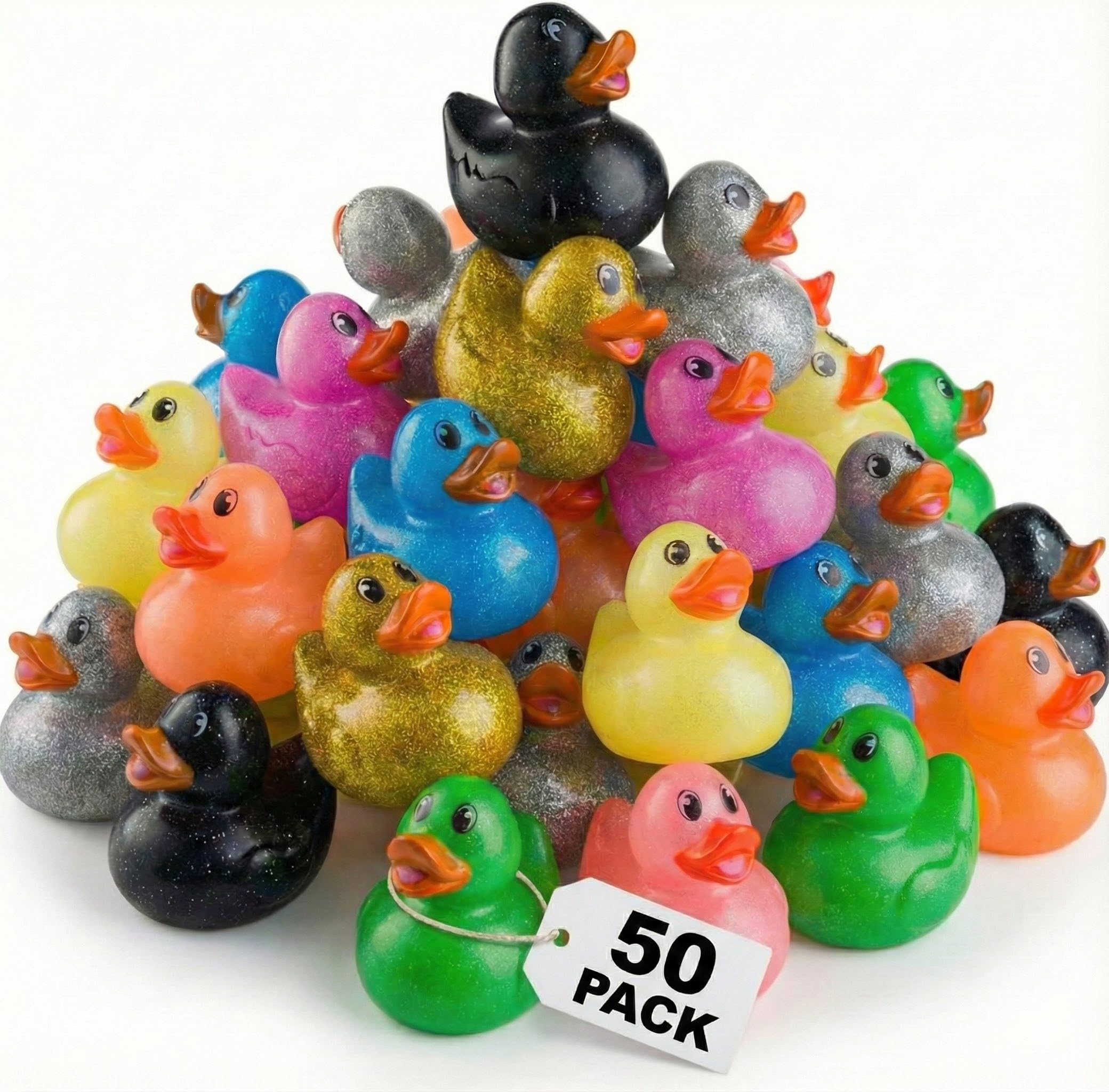 Bedwina Glitter Rubber Ducks in Bulk - (Pack of 50) Assorted 2-Inch Duck Toys for Baby Shower Rubber Duckies, Rubber Bath Toy, Birthday Party Favors