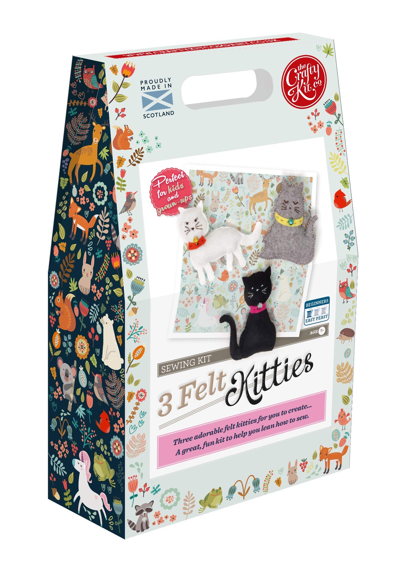 The Crafty Kit Company Three Felt Kitties Sewing Kit Containing Felt Fabric, 3 Bells, Needle, Sewing Threads, Stuffing, 2 Brooch Backs, Keyring, Step By Step Colour Instructions And Pattern Templates