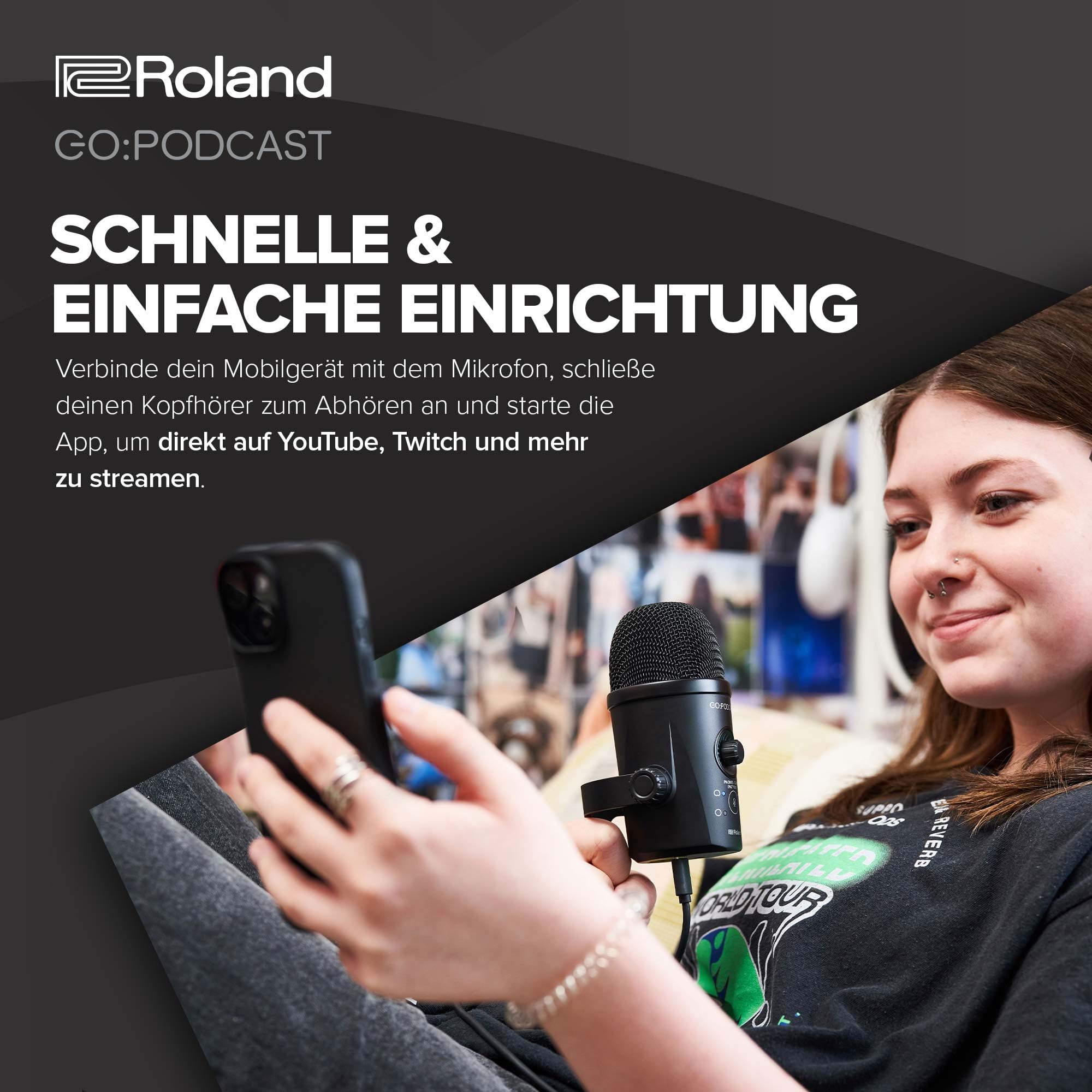 Roland GO:Podcast Video-Podcast-Studio für Smartphones | Einfaches Livestream-System für Podcaster, Vlogger & mehr | Intuitive Video-App | Hochwertiges USB-Mikrofon | Vier Richtcharakteristiken
