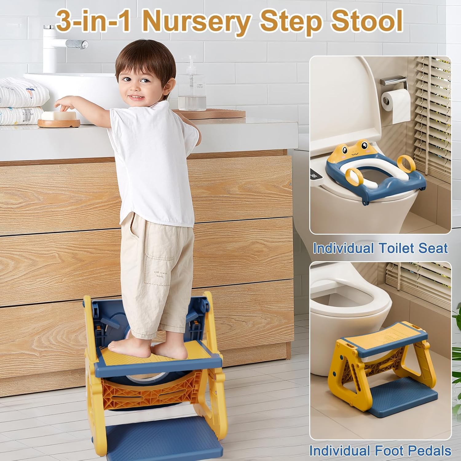 Riduttore Wc Bambini con Scaletta, Stabilizzare Scaletta Wc Per Bambini con Struttura a Triangolo,Scaletta Riduttore Wc per Bambini,Cuscino in PVC Impermeabile,Antiscivolo e Pieghevole,blu