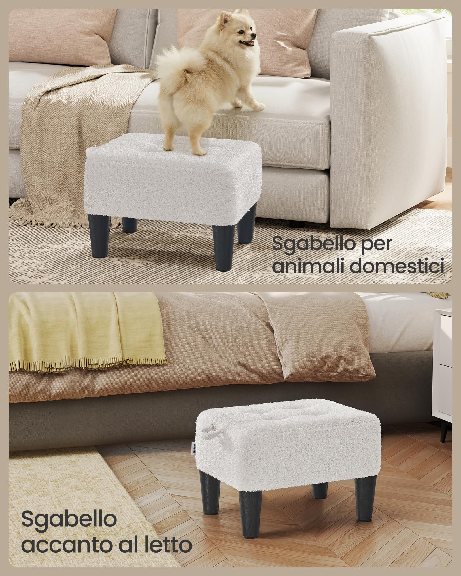 SONGMICS Sgabello Poggiapiedi, Pouf Contenitore in Tessuto Peluche, Imbottitura Spessa, Portata fino a 150 kg, per Soggiorno, Camera da Letto, Ingresso, Bianco Crema e Nero Inchiostro LOM503WD01
