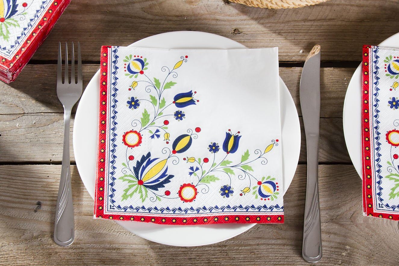 Kashubian Design Red Border Napkins, Set of 20