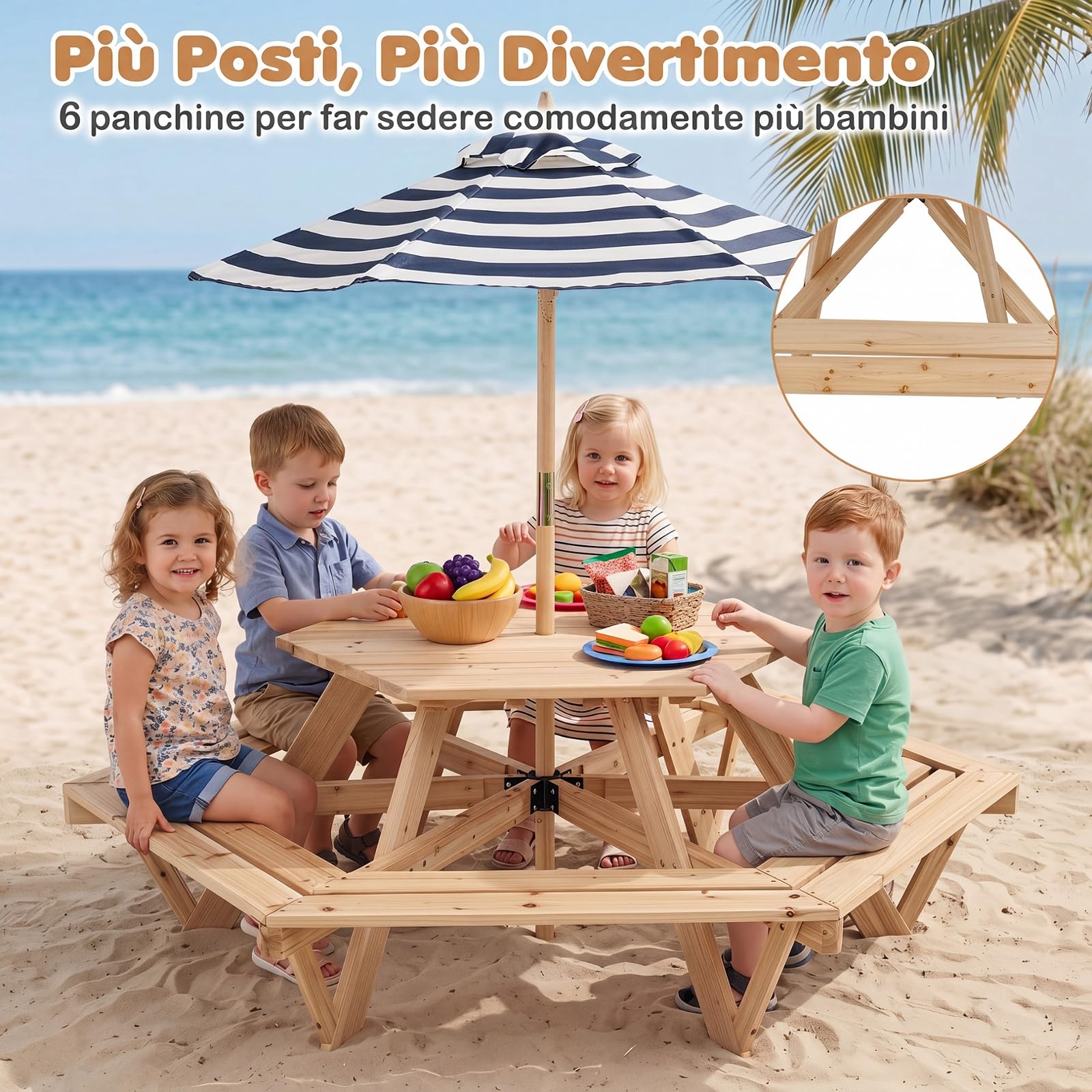 COSTWAY Tavolo Esagonale da Picnic per Bambini 3+ Anni con 6 Panche | Tavolino in Legno Massello con Ombrellone Rimovibile e Regolabile per Giardino, Balcone e Cameretta