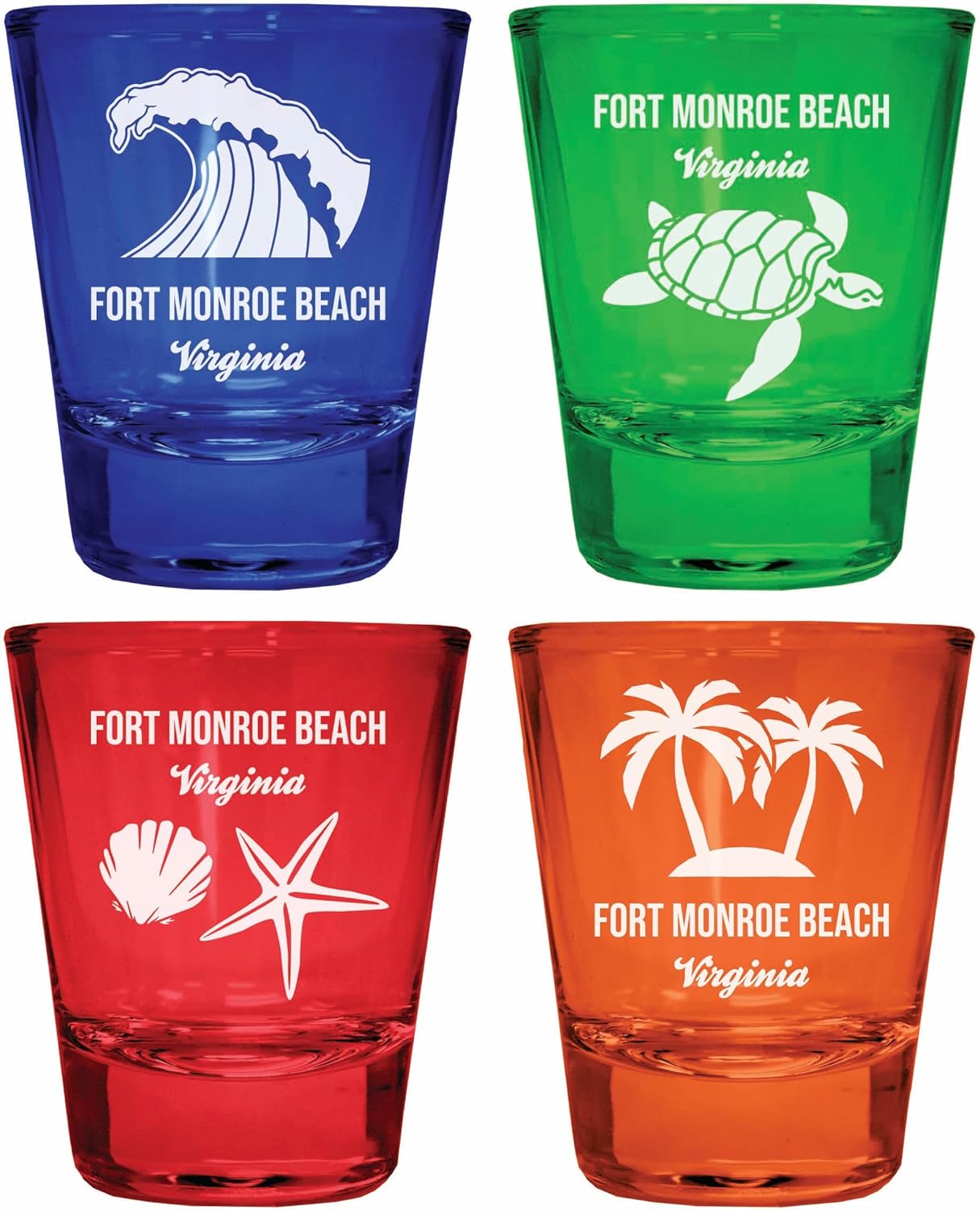 R and R Imports Fort Monroe Beach Virginia Juego de 4 Vasos Grabados