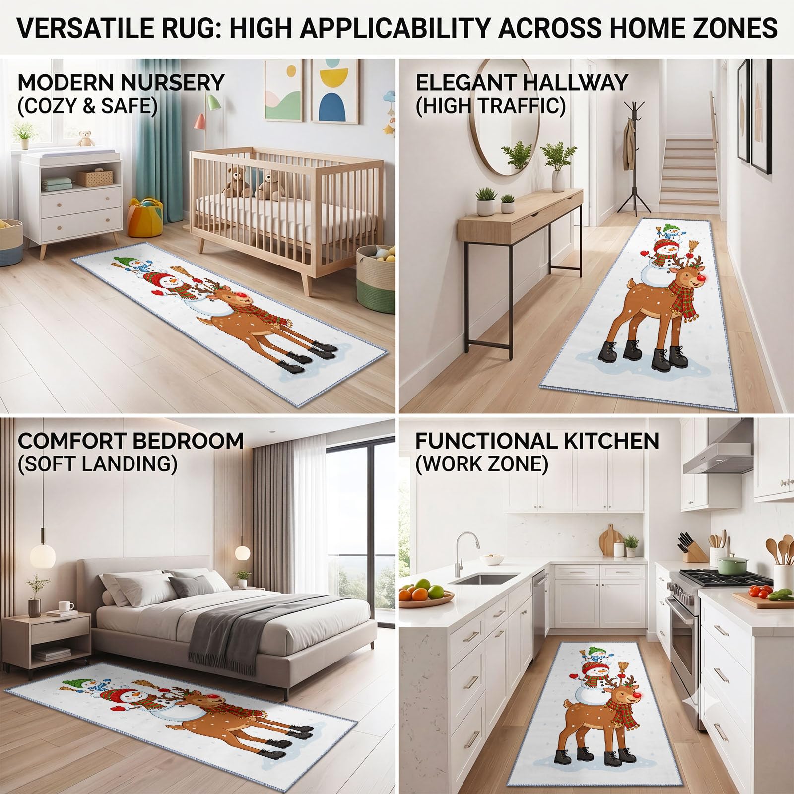 Renne Mignon Dessin Animé Noël Tapis Couloir Lavable en Machine 80x240cm
