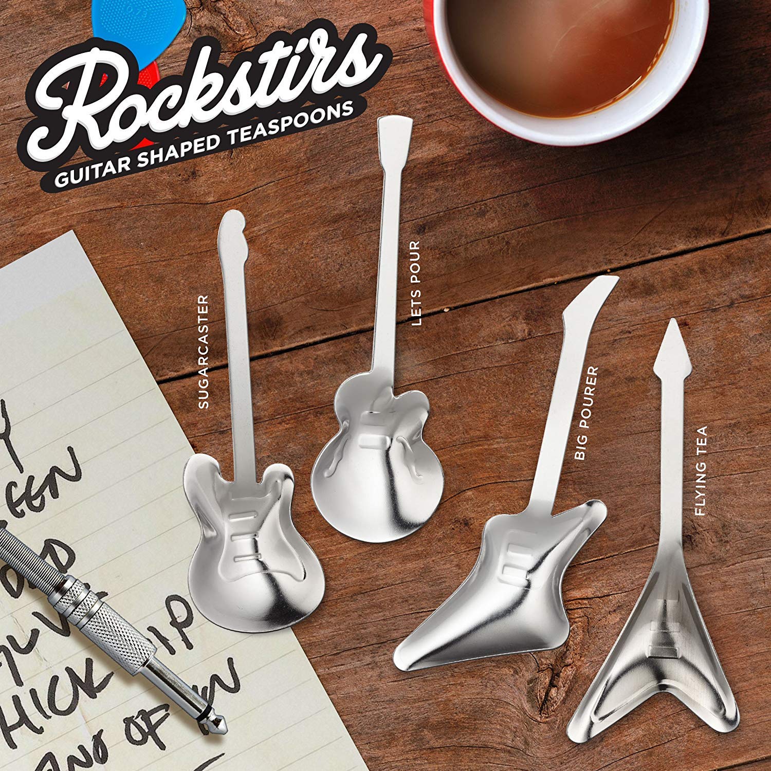 Just Mustard Rockstirs Cucchiaino A Forma Di Chitarra – Acciaio Inox, 4 Modelli, Per Colazione E Tè, Lavastoviglie