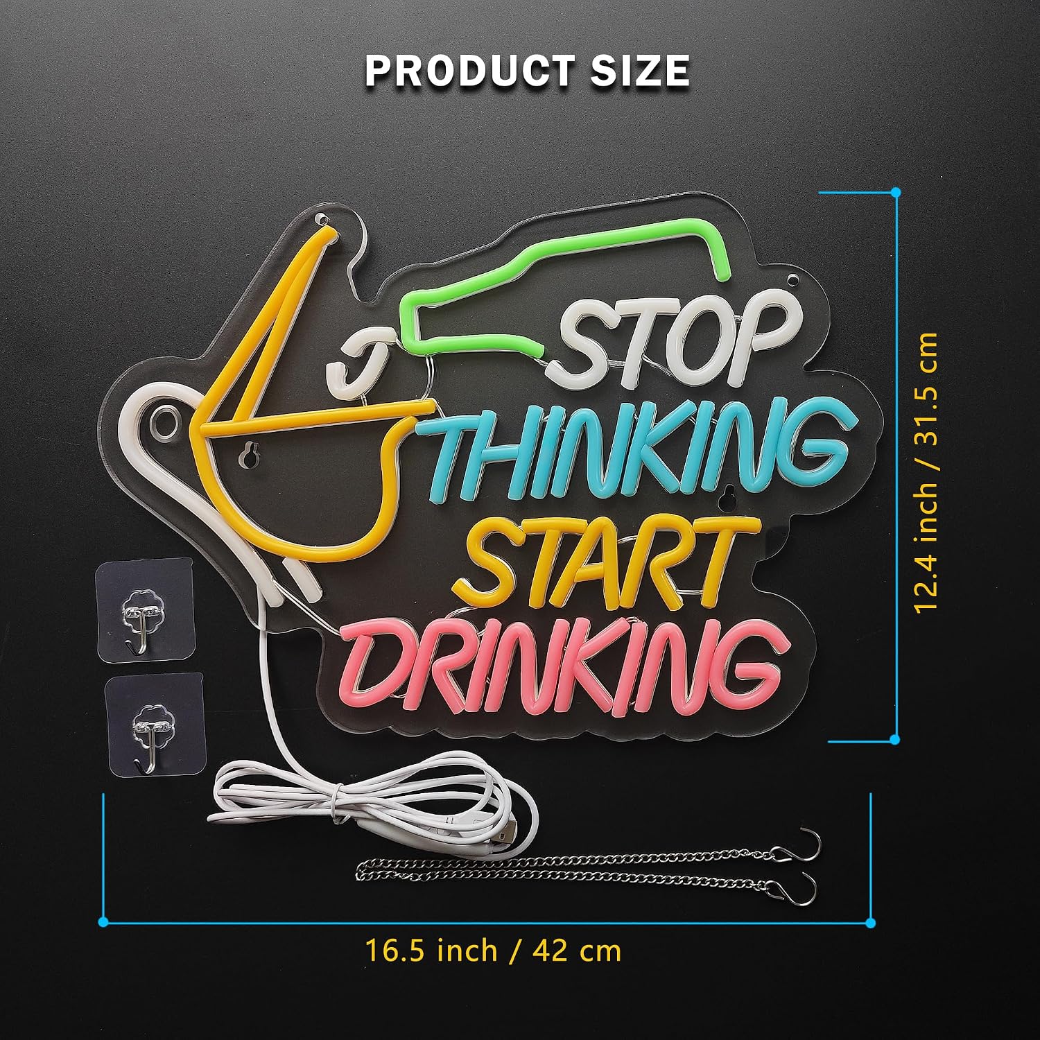 Stop Thinking Start Drinking Bar Neon Sign Cormorant drinking LED Neon Sign for Wall Decor with Smart plug timer compatible USB-Powered Dimmable Switch for Beer Pub Home Bar Man Cave Party Decor(16.5x12.4 Inch）