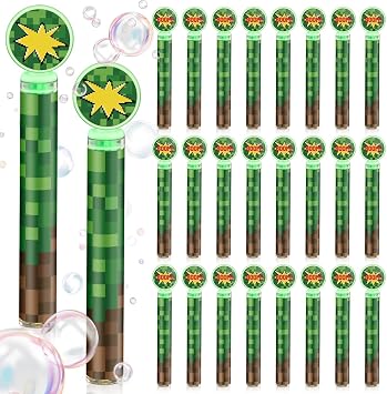 24 Pack Pixel Bubble Wands Bulk for Kids - Themed Birthday Party Favor with Green & Brown Pixel Mini Bubbles, Goodie Bag Stuffers, Classroom Prizes, Summer Outdoor Toys, Graduation Party Favors