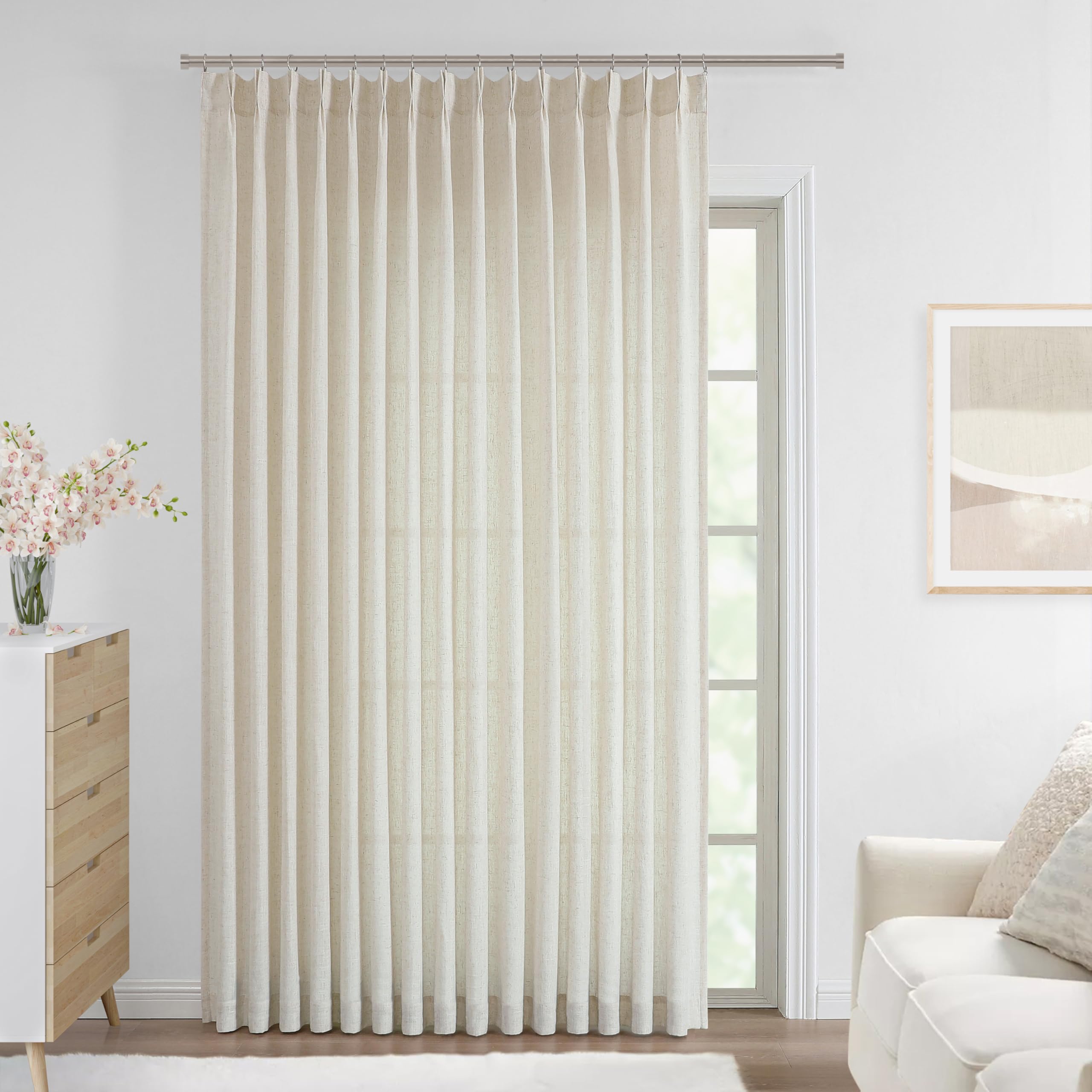 Vision Home Natural Pinch Pleated Semi Sheer Curtains Textured Linen Blended Light Filtering Window Curtains 95 inch for Living Room Bedroom Patio