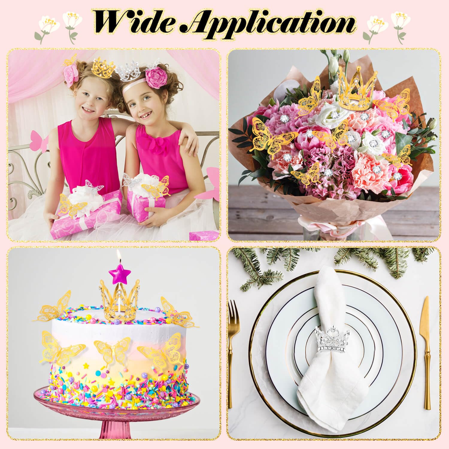 Cridoz 163Pcs Flower Bouquet Accessories, 15Pcs Mini Crowns With 48Pcs Gold 3D Butterfly Decorations And 100Pcs Corsage Boutonniere Pins For Flower