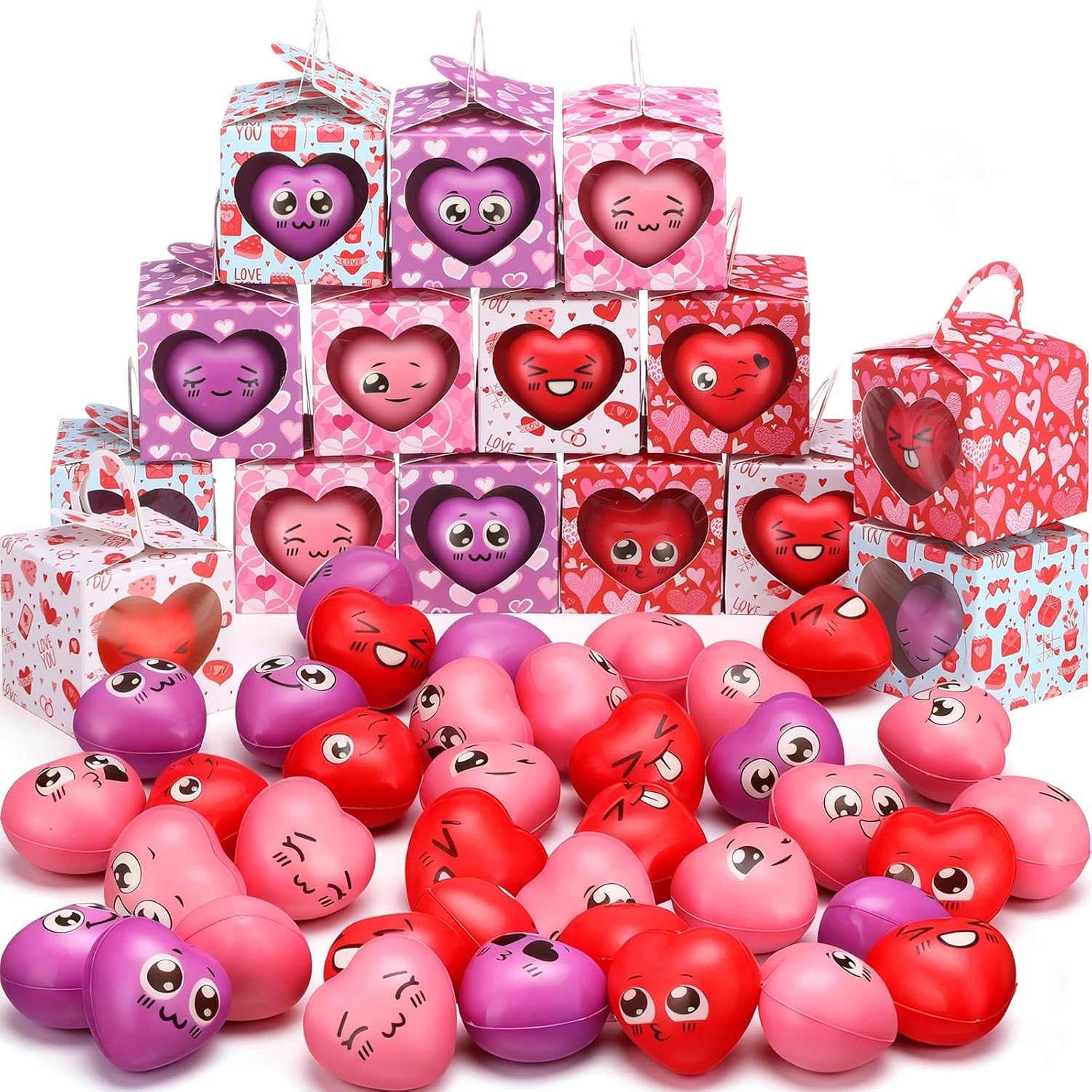 Jerify 100 Pack Valentine's Day Heart Stress Ball Gifts with Box Stress Relief Fidget Ball for Valentine Party Favors, Classroom Exchange Supplies, Coworkers, Students