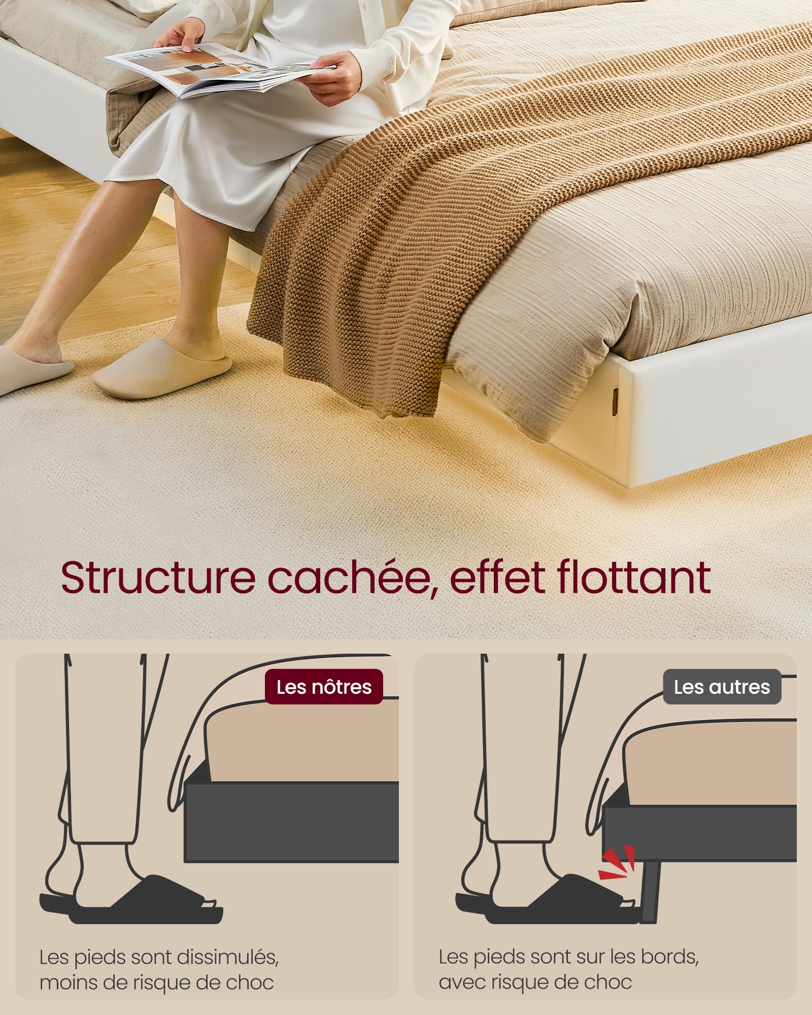 VASAGLE Lit Double, Cadre de Lit, 160 x 200 cm, Cadre Flottant avec Éclairage LED, Tête de Lit Haute, Multiprise, Style Moderne, Blanc Nuage RMB865W01