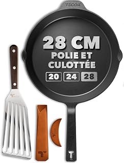 TECOR poêle en fonte induction 28 cm polie - Naturellement antiadhésive et compatible avec toutes les sources de chaleur - Durable et polyvalente, pour amateurs et professionnels - Cast iron skillet