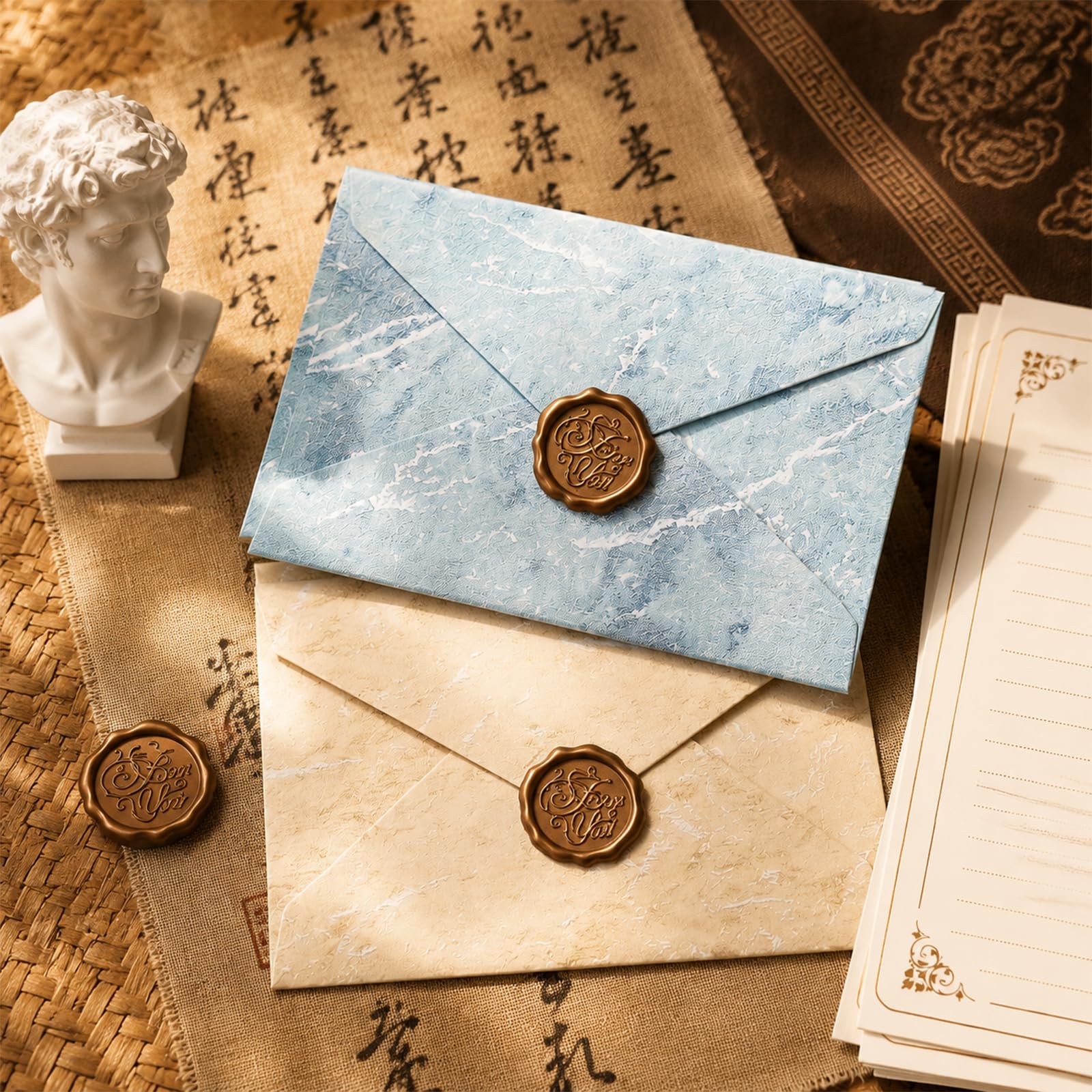 Ensemble de Papeterie Vintage avec Papier à Lettre, Enveloppes, et Autocollants Sceau de Cire