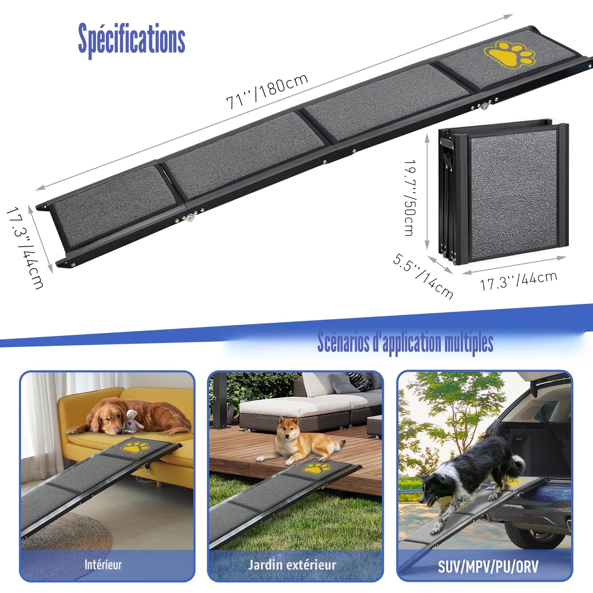 BACOENG 180cm Rampe pour Chien Voiture Pliable, Rampe Portable pour Chiens de Grande Taille avec Surface Antidérapante, Disponible pour Voitures, Camions et SUV, Supporter Un Poids De 110 KG