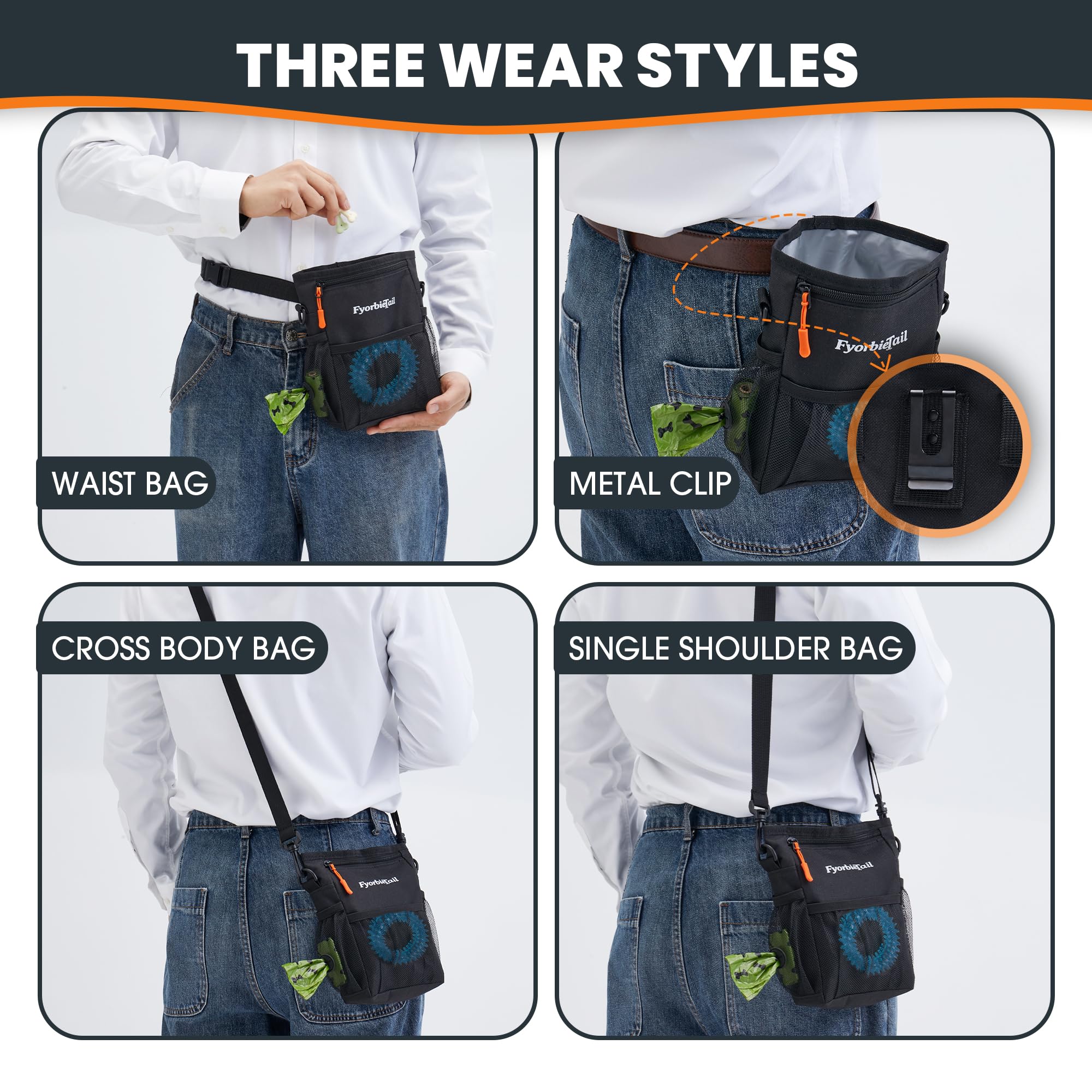 Dog Treat Pouch, 4 Cup Waterproof Dog Training Bag, Hands-Free 3 Ways to Wear, Magnetic Closure, Multi-Pocket, with 2 Rolls Poop Bags (Black) - image 4
