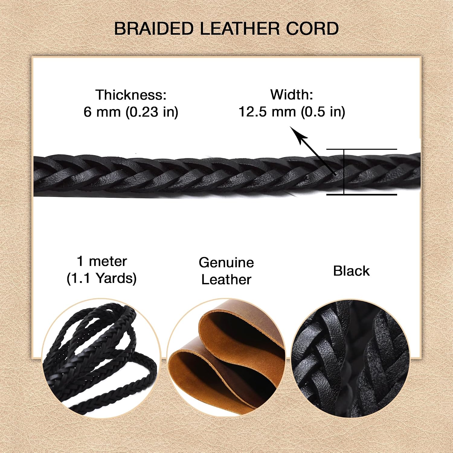Flat Braided Genuine Leather Cord (12.5x6 mm) - Black, 1.1 Yard Real Leather String for Making Bracelets, Jewelry, Belt and DIY Projects - Handmade 5 Ply Braided Leather Straps
