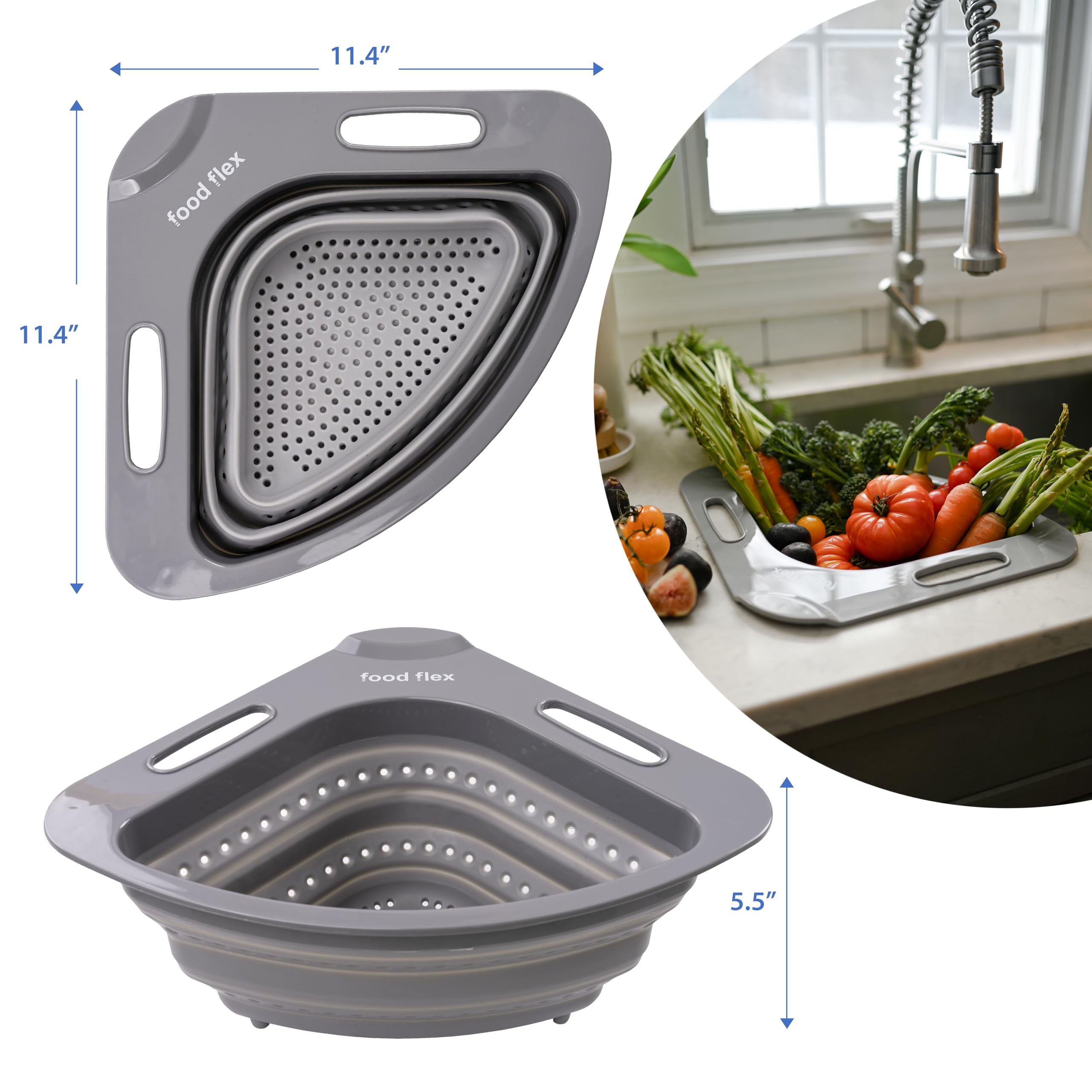 Passoire d'angle pliable pour évier, capacité de 3,5 litres (gris)