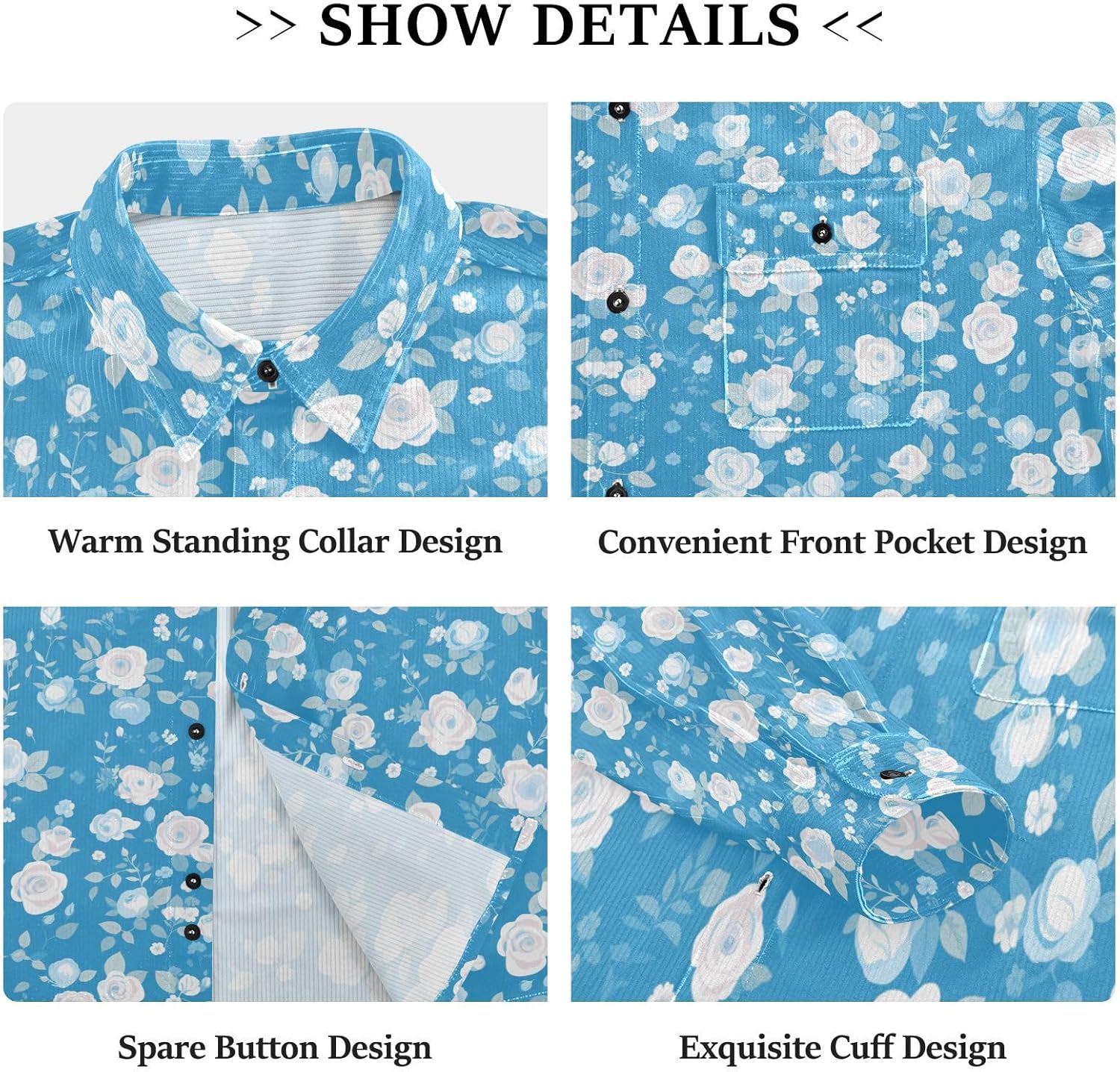 Blue Color Pattern Roses Men Women Slim Fit Rugby Shirts Outdoor Long Sleeve Business Work Tops