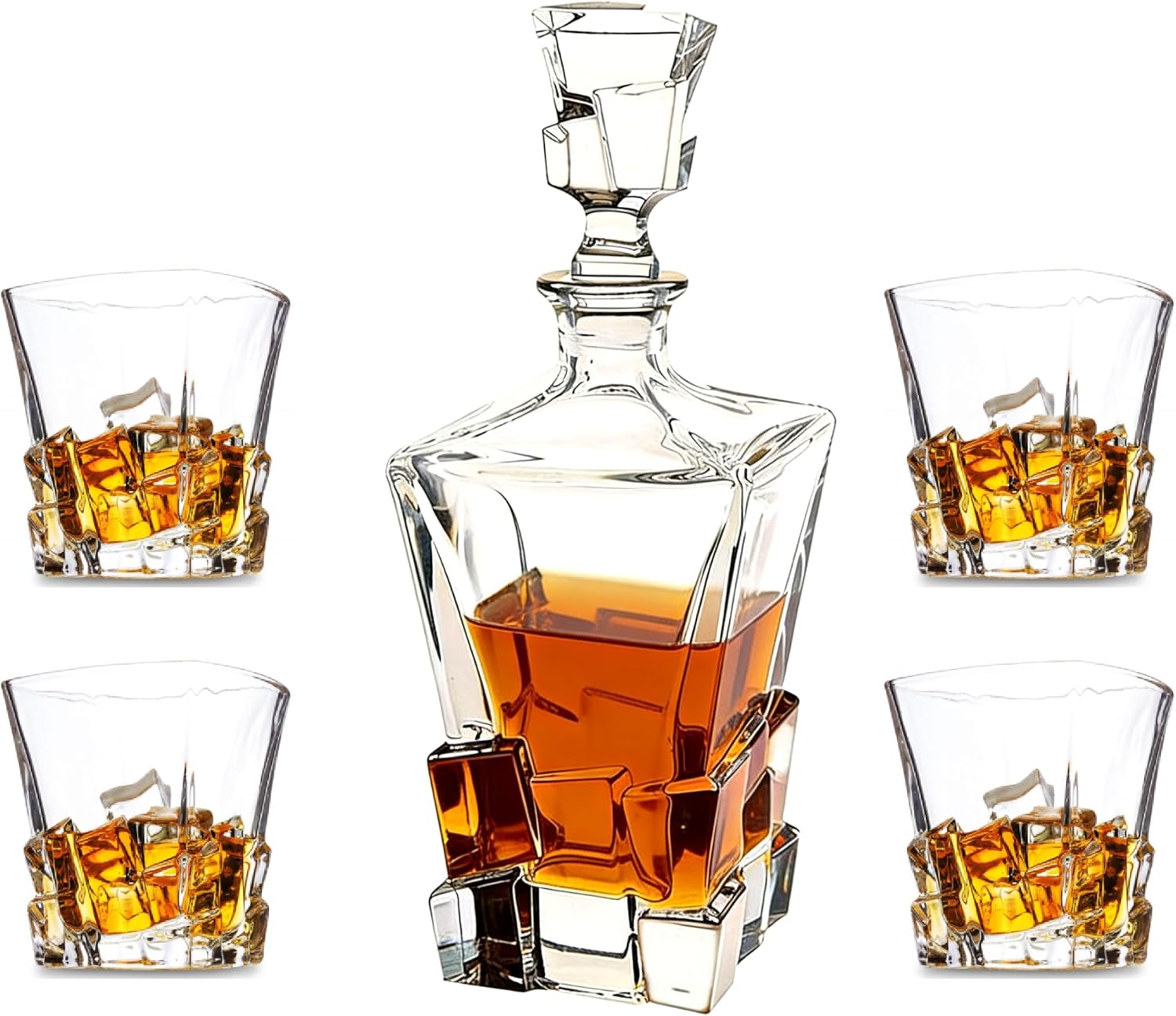 Whiskey Decanter Glasses Set Lead-Free Crystal Glass Scotch Tasting Cups Wine Bottle for Drinking Irish Whisky Bourbon Tequila tumbler (Iceberg, 1 Decanter & 6 Glasses Set)