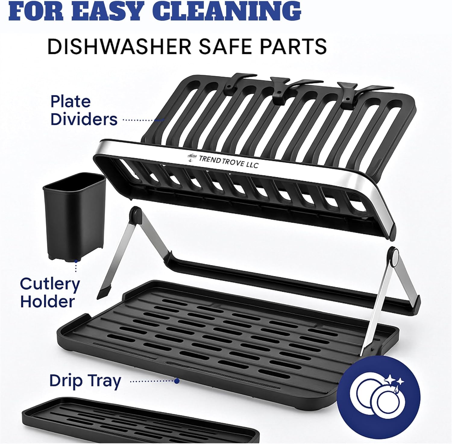 TrendTrove Foldable Dish Drying Rack – Stainless Steel Dish Rack for Kitchen Counter & Over Sink – Compact, Space-Saving Dish Drainer with Drip Tray, Utensil Holder & Plate Dividers (Black/Silver)