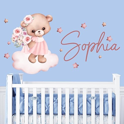 Miniatura 2 de WM731 - Calcomanía de pared con nombre personalizado con oso de peluche, decoración de guardería extraíble personalizada para niña bebé, mural de