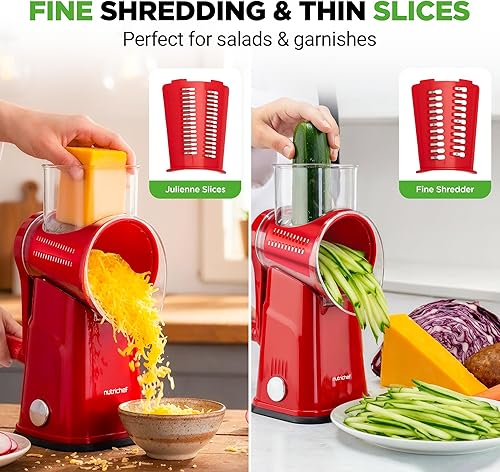 Miniatura 4 de NutriChef Rallador y triturador de queso 5 en 1  5 cuchillas diferentes para tiras finas, gruesas, de juliana, onduladas y rectas  Incluye manivela,