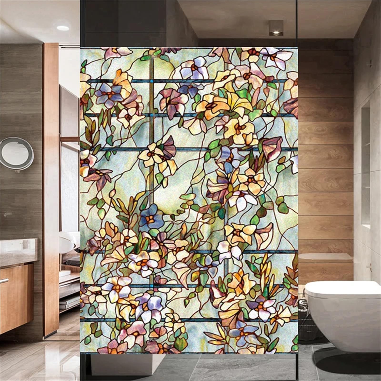 Fensterfolie Retro-Blumen-Fensterfolie, elektrostatischer Aufkleber, farbiges Glas, klebstofffrei, UV-beständig, hitzebeständig, Türaufkleber(90x150cm)