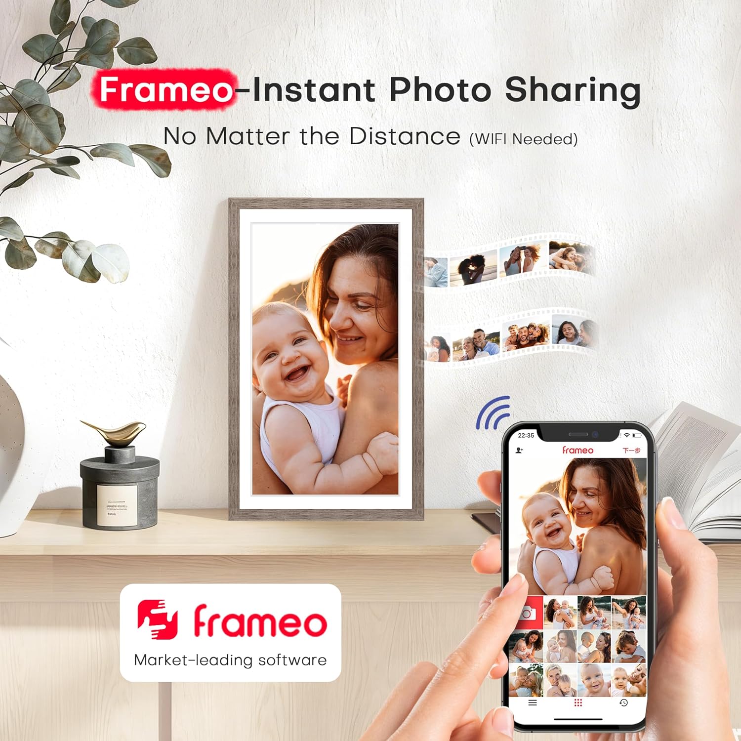 Digital Picture Frame, Frameo 15.6 inch Large Digital Photo Frame WiFi, 1920 * 1080 IPS FHD Touchscreen, 32GB Storage, Instant Share Photo Video, Gift for Mom (15.6'' Greige 32GB)