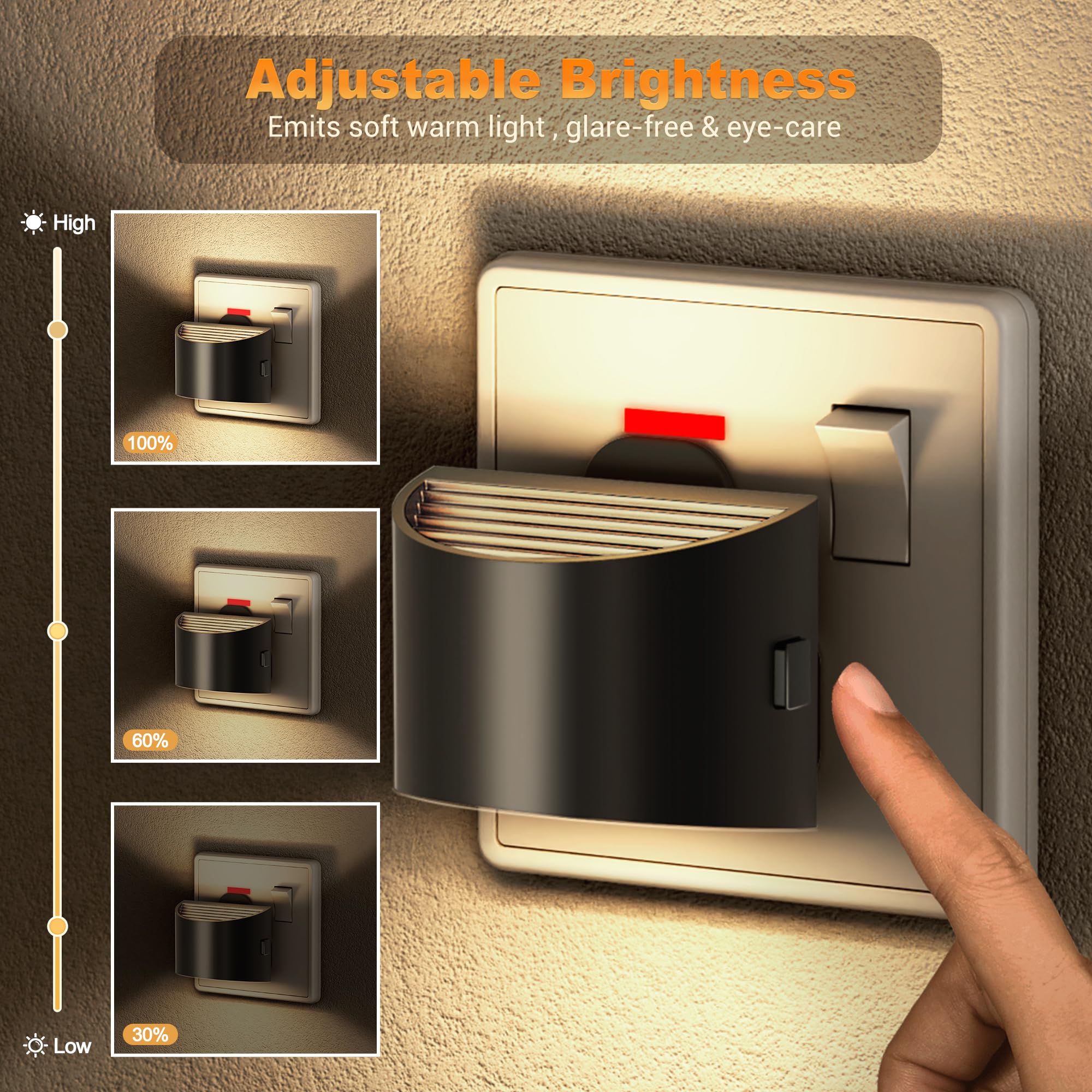 JandCase Night Light Plug in Wall 2 Pack with Dusk to Dawn Sensor, 3000K Warm White, 3 Adjustable Brightness Levels - Image 2