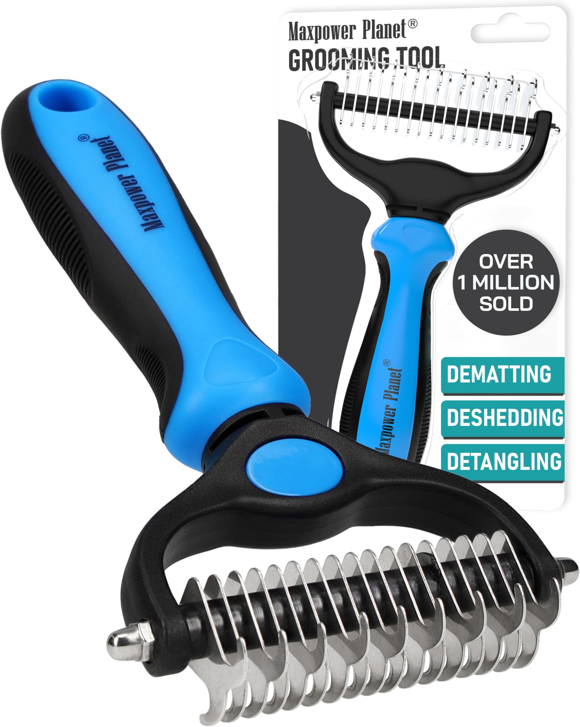 Pet Grooming Brush for Long Haired Cats - Double Sided Shedding and Dematting Undercoat Rake, Dog Comb, Blue