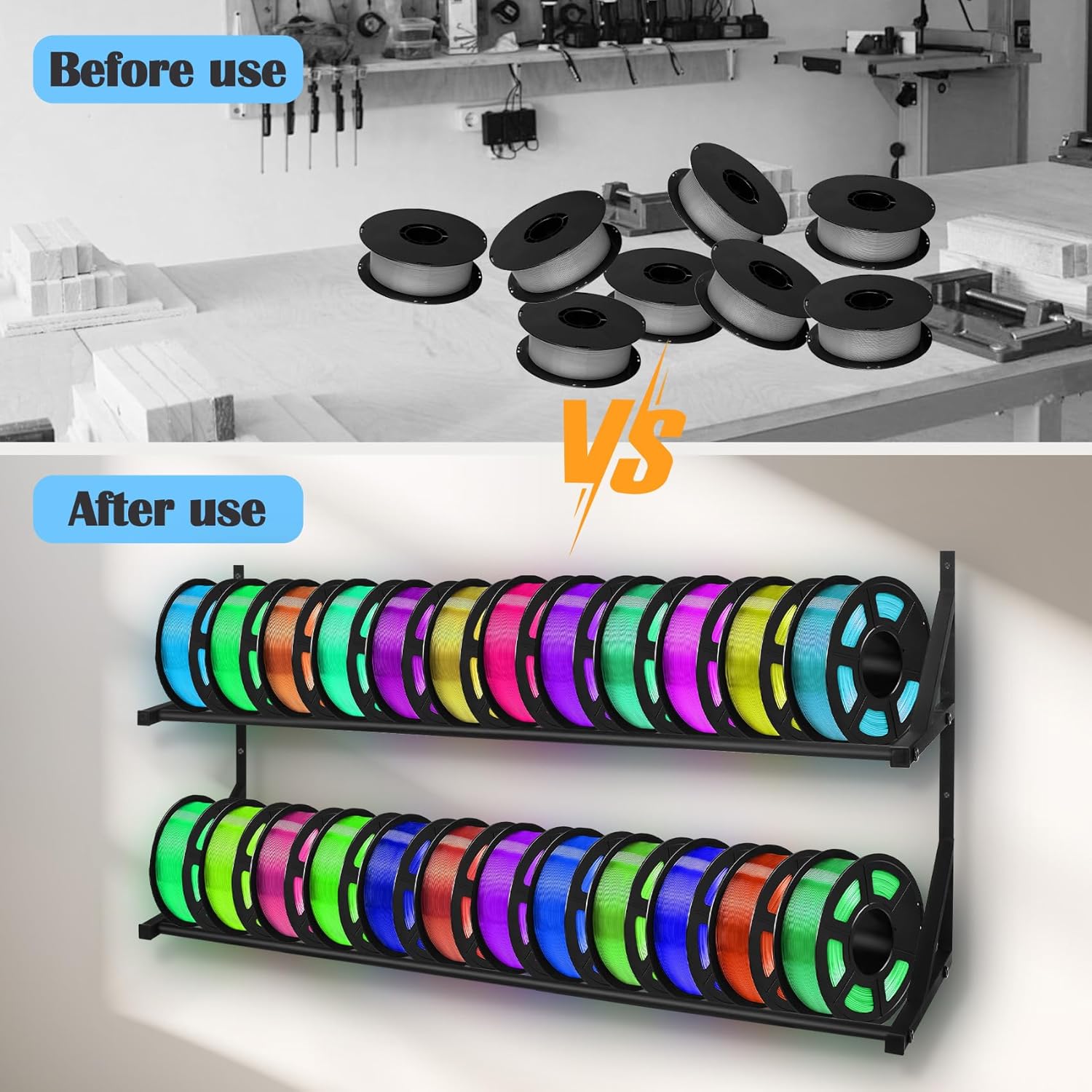Upgrade 3D Printer Filament Storage Rack - Holds 24 Rolls, Heavy Duty Wall Bracket Shelves for ABS/PLA/TPU/Nylon Accessories, Spool Holders