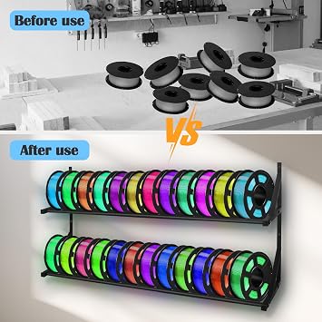 Upgrade 3D Printer Filament Storage Rack, Black, Metal, 2-Tier, Wall-Mounted, Holds 24 Rolls (12 per Tier, 20LB per Tier), Organizes 3D Filaments & Accessories, Modern Style