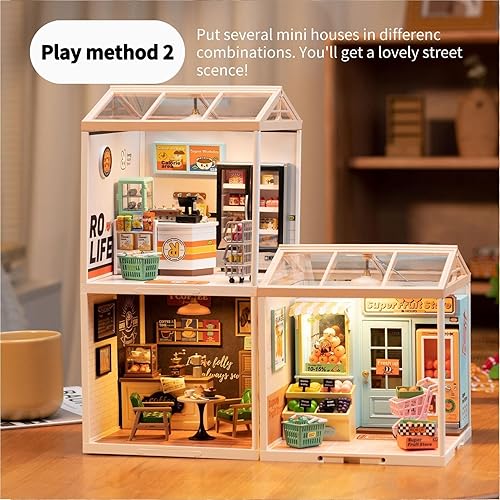 Miniatura 5 de Rolife Juego de construcción de casas de plástico para bricolaje, casa de muñecas en miniatura con LED para mini figuras, juguetes de construcción,
