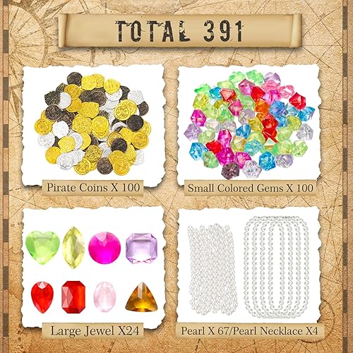Miniatura 2 de Hanaive Juego de 319 monedas falsas de oro pirata, tesoro pirata, gemas y joyas piratas de plástico, decoración de fiesta pirata, tesoro para