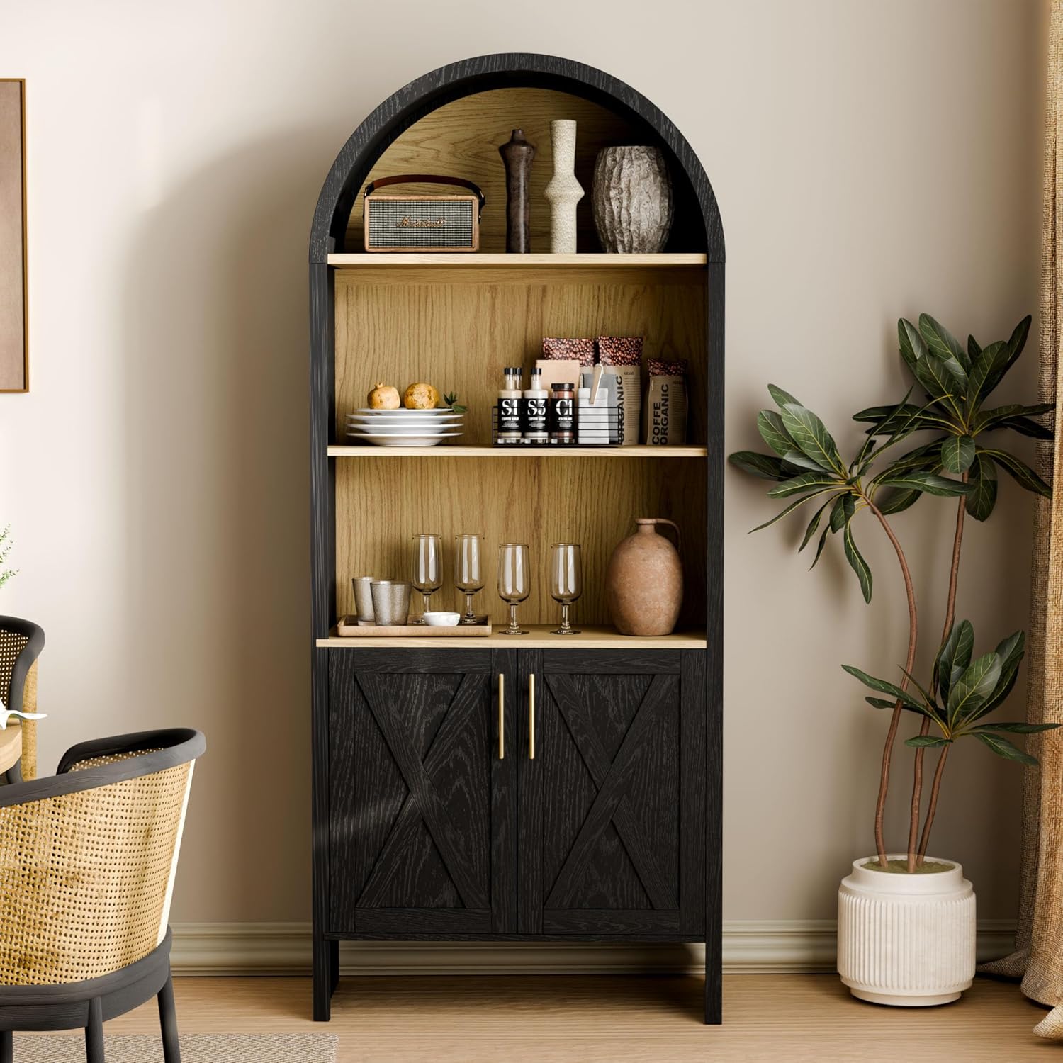 Arch Storage Cabinet with Beech-Wooden Door, 60” Cute Arched Display Cabinet, 4 Tier Farmhouse Buffet Cabinets with Storage for Dining Room, Living Room, Home Office or Kitchen (Black)